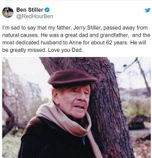 The hilarious Jerry Stiller has died, reported son Ben on Twitter this morning. Age 92, he was a comedian in the best way. He and his wife did stand-up for years, and I remember them mostly from The Ed Sullivan Show. Jerry