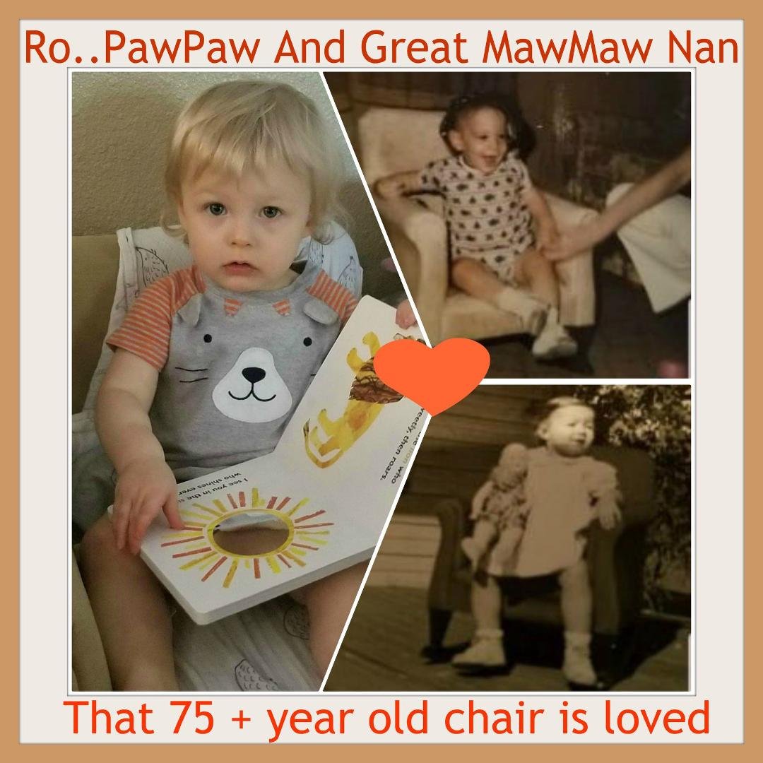 As a baby shower gift..Scott's Mom took the rocking chair that she and Scott used as little ones and had it recovered and given to Ro..I can't tell you enough how my heart melts EVERY time I see him climb on the chair..that