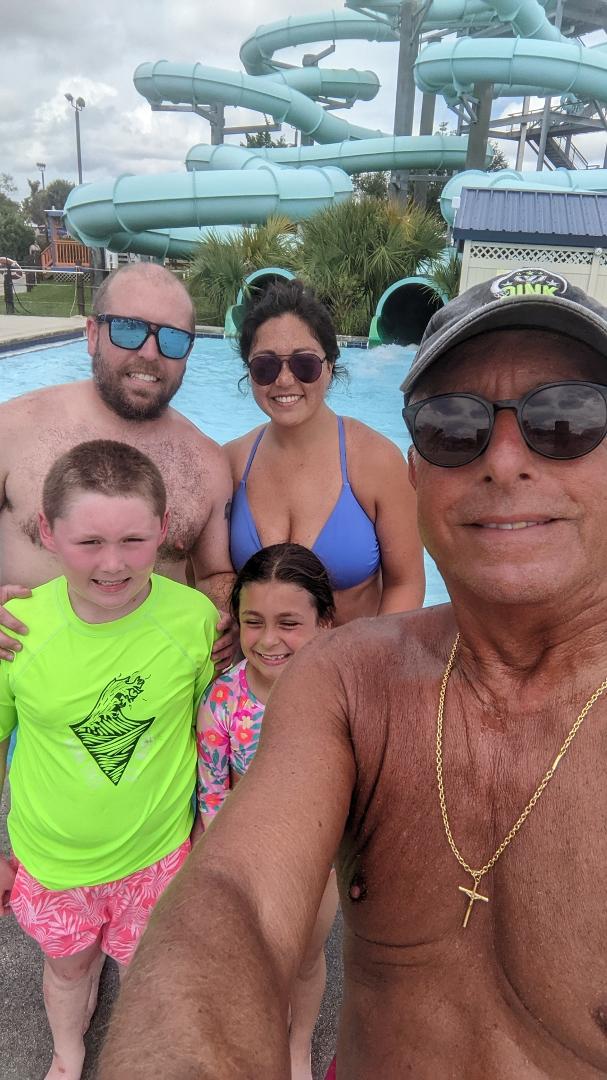 Fun day at Sun Splash today with my son Trevor and daughter in-law, Sandy and my grand kids, Wyatt and Grace. They went on all the water slides!!!