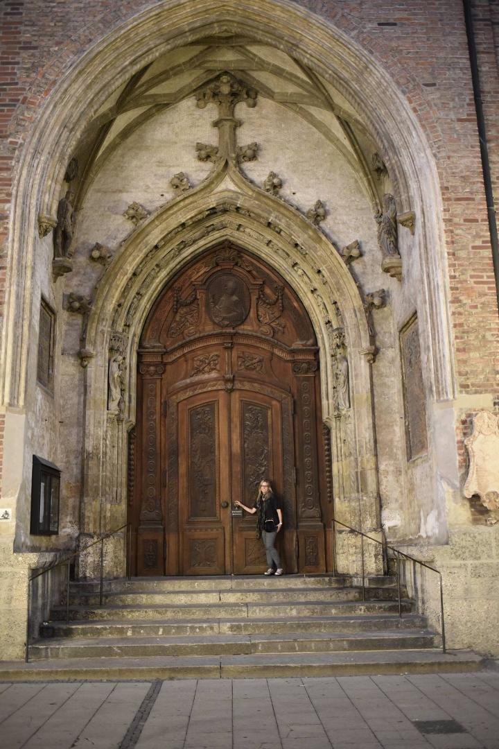 It was absolutely dark when I took this photo of Tina on our last night at one of the side doors of the Frauenkirche. Couldn't see the door or much less if Tina's eyes were open. New lens is nothing short of amazing. Tin