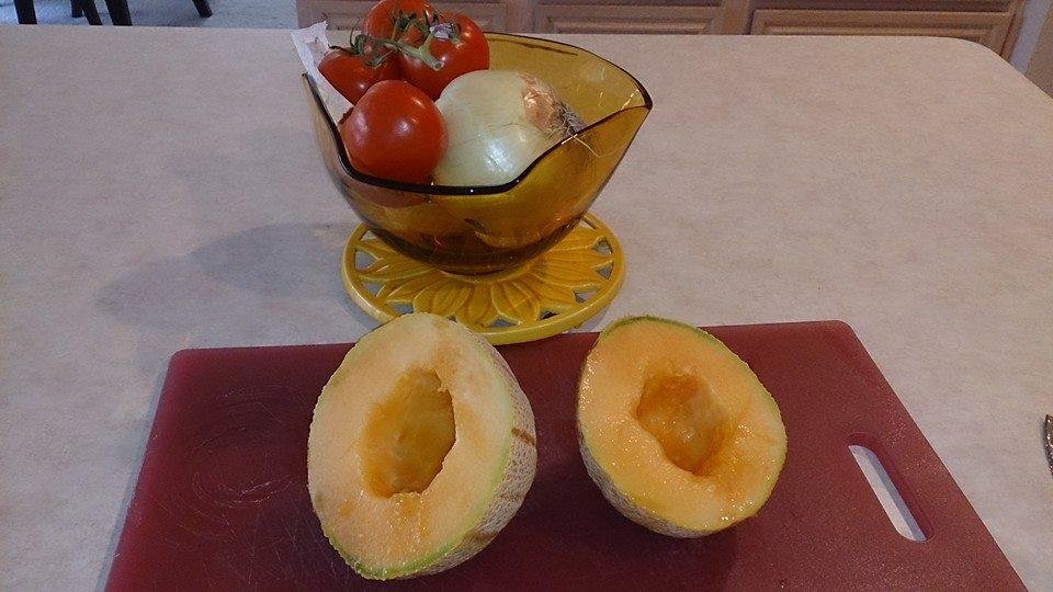Fresh, sweet, and no pesticides! Seeds from last summer's garden surprised us with this cantaloupe.