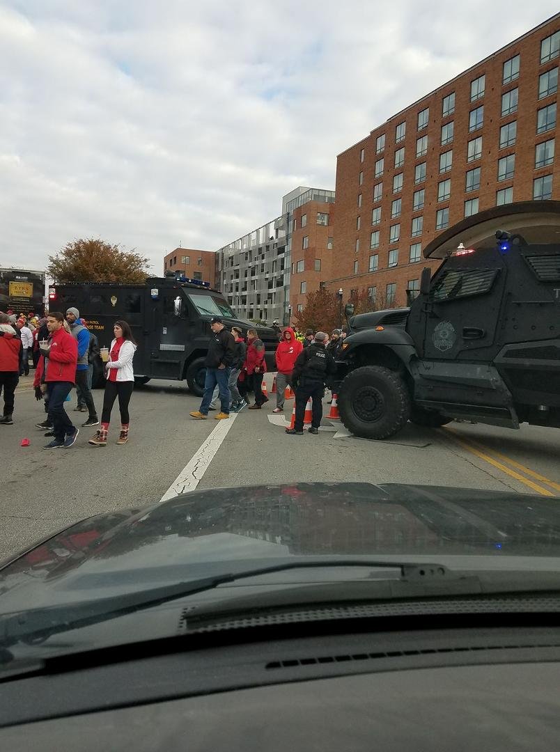 Stuck behind riot trucks as The Buckeyes come out of the Blackwell.