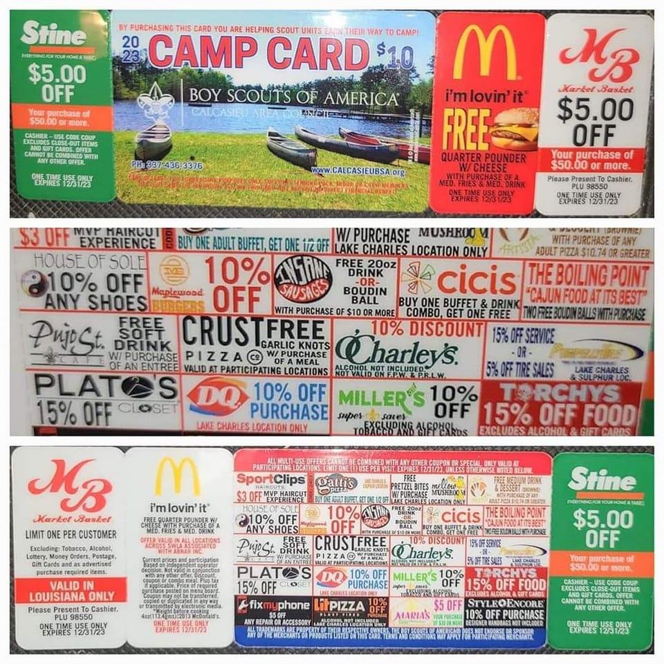 Eric and Zain are selling Camp Cards (discounts to local restaurants and stores) to help fund their Scouting Adventures! Let me know if you are interested in saving money and supporting their Scouting Journey! 

The card is