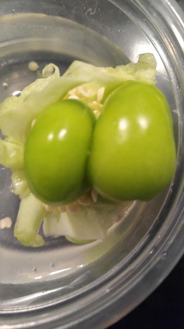 2 baby bell peppers growing inside of the big bell pepper.