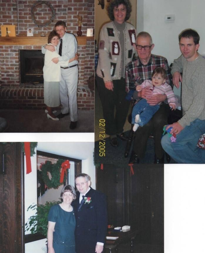 Finished the house, dressed for Jay's wedding, with her dad, son and 1st grandchild,