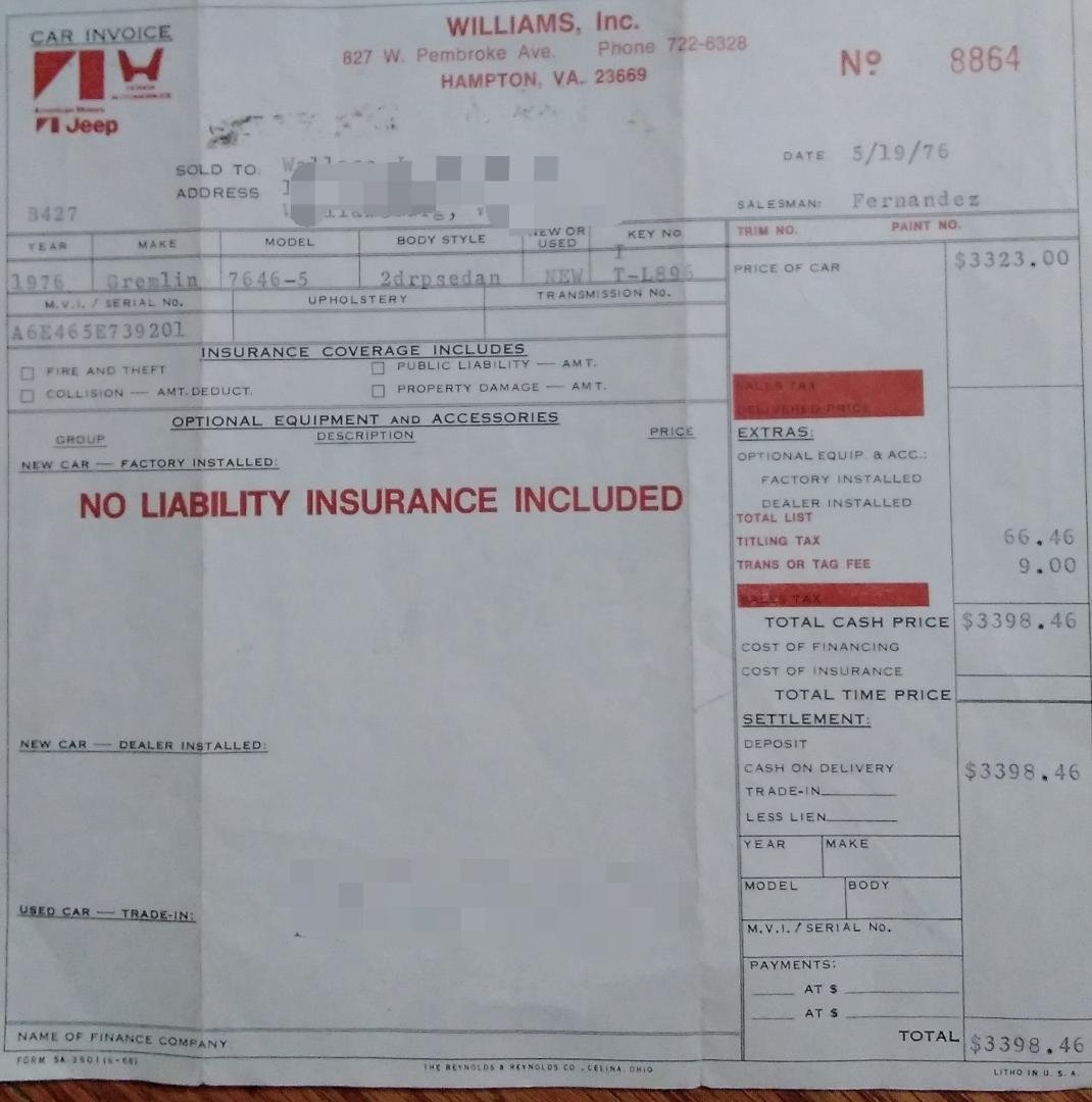 I was going through some old documents that I needed to destroy and found an old car invoice from 1976. Look at how much cars cost back then. 😗