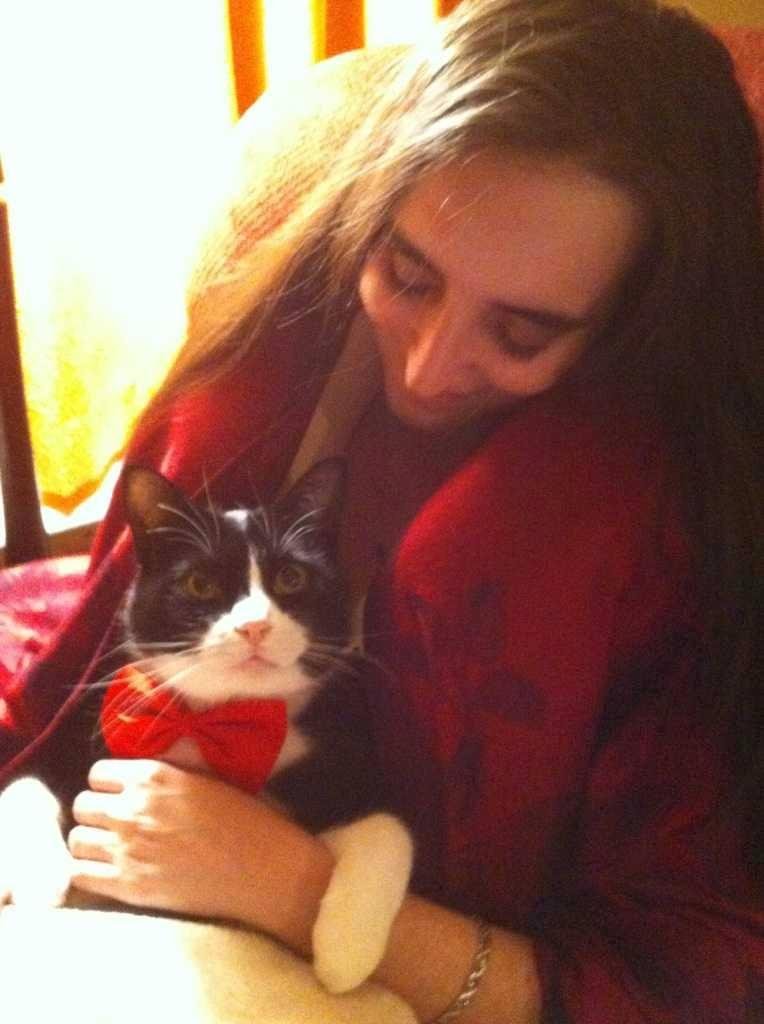 Connie with Mr. B, getting dressed for dinner