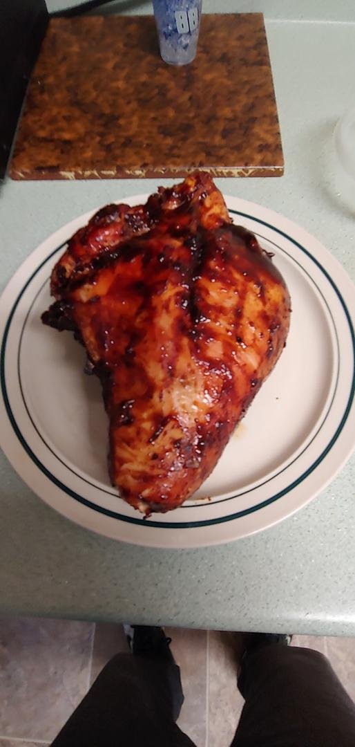 Dinner Thursday night. Fine-looking chicken breast if I say so myself. I love to BBQ.