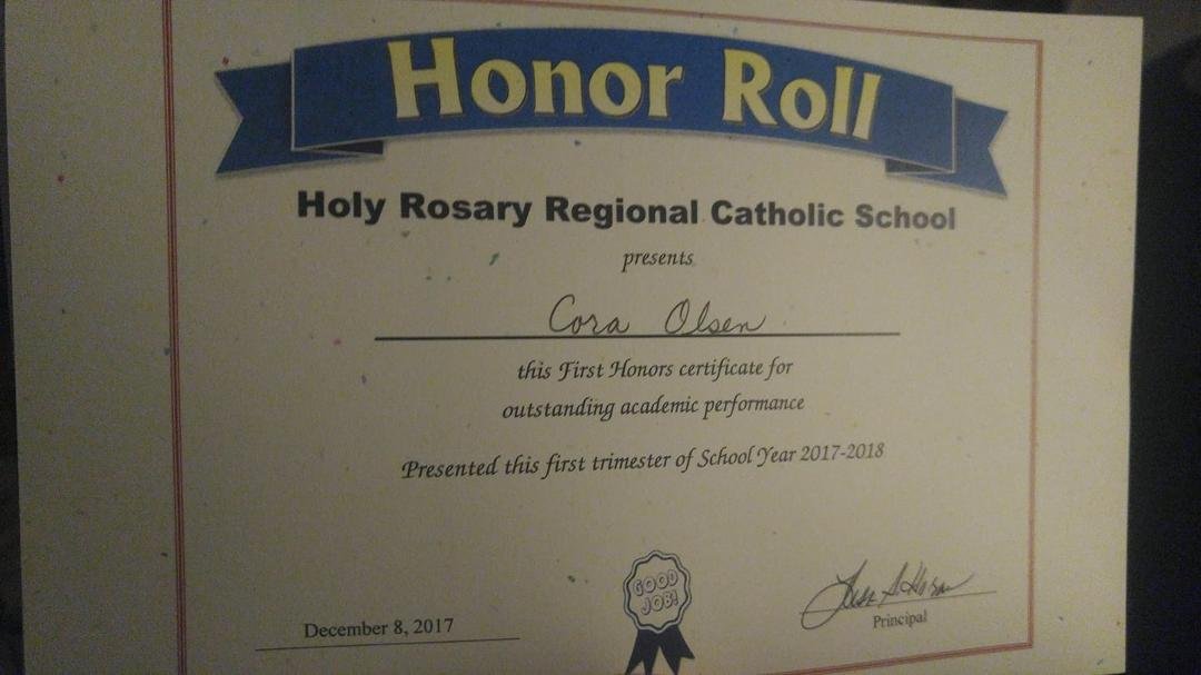 Cora made first honors. All A's