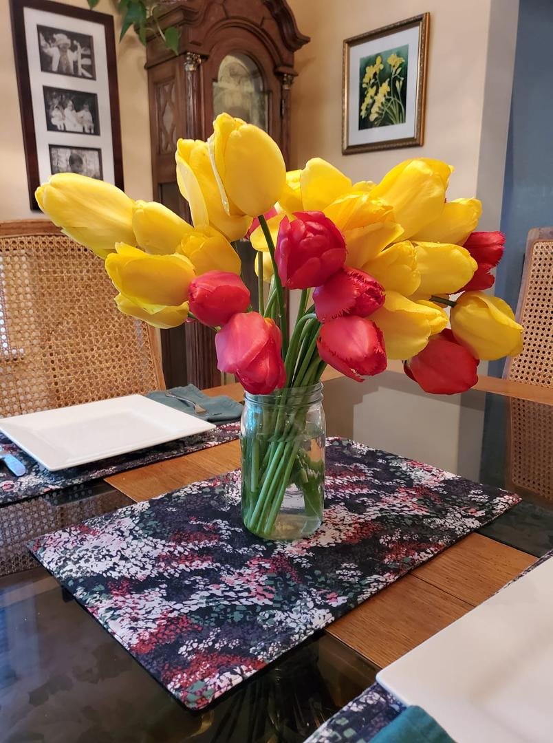 See what I get to look at during dinner. Mickey brought these over from his garden today.