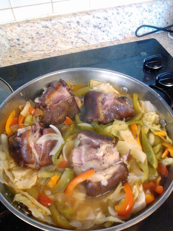 Today's lunch.. Ham hocks/w cabbage, onions,peppers, smothered potatoes, baked chicken and cornbread, made like my mother's.. From scratch..