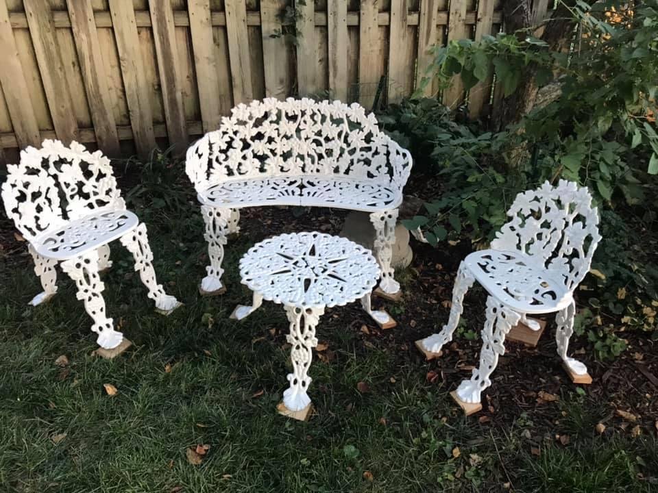 Got a major item of the honey do off the list. Got my wife’s parents’ wrought iron settee set stripped down by wire brushes and wheels, primed and repainted. Looks like new!