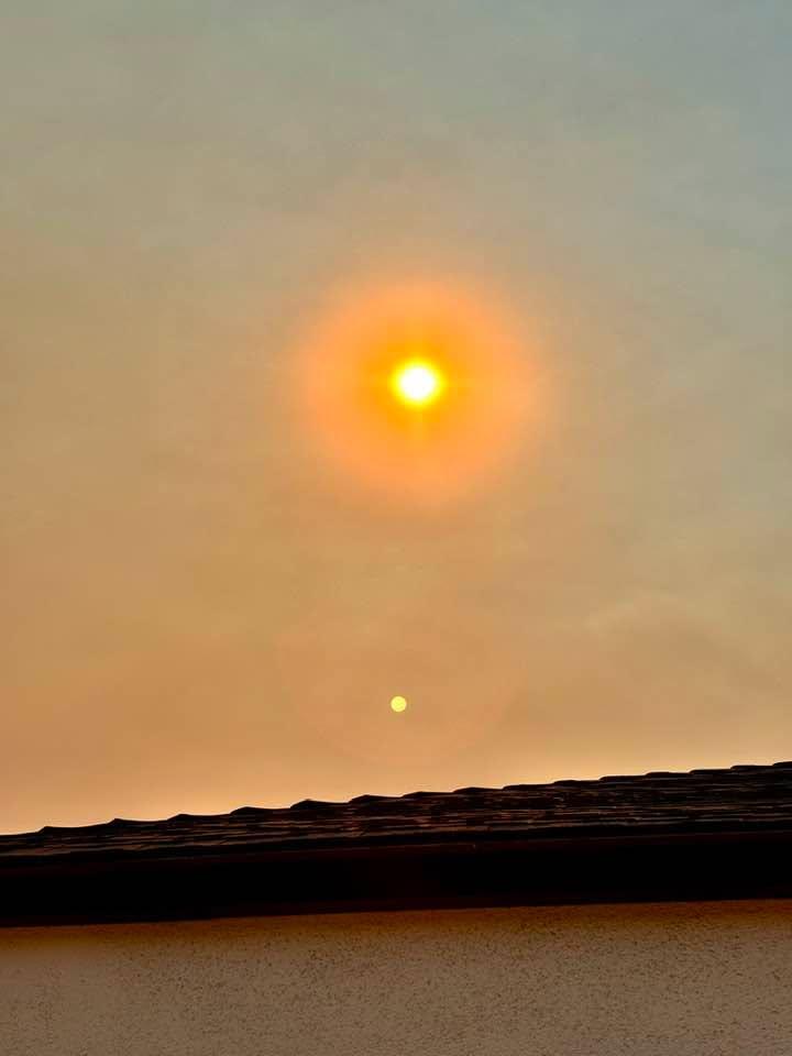 Smoke from those fires haze over my place in Hawthorne CA. Yes that’s the moon under the sun visible due to the smoke in the atmosphere 🙁😳