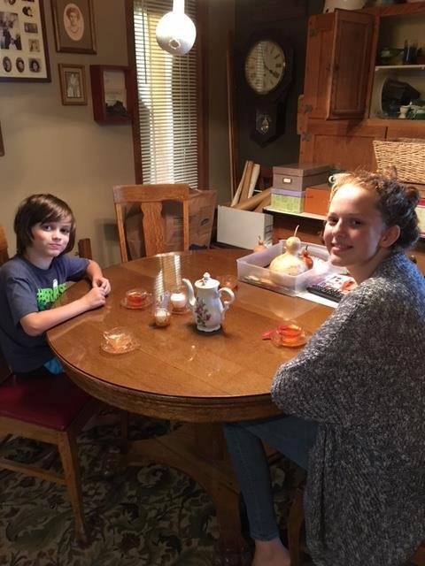 Geneva Breazeale, Debbie S Breazeale and Sharon Breazeale...Geneva, you asked if the kids had gotten too big for tea parties. Nope. Today August asked if we could have tea, and Ava picked the pink tea set.