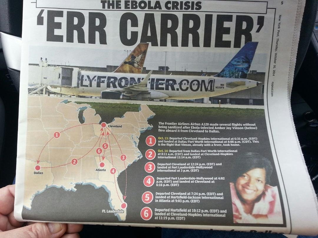 Ebola infected amber joy vinson flew frontier airlines airbus a320(with cdc approval) from Cleveland to Dallas. The plane made 5 additional flights without being sanitized.she told the cdc she was running a fever and they s