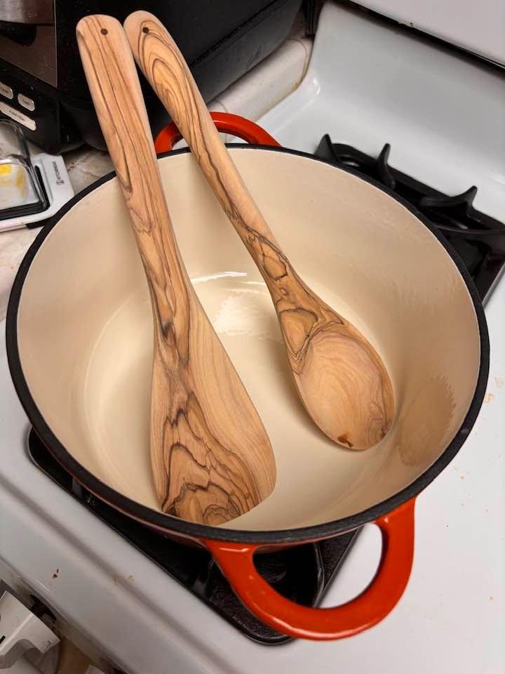 I forgot who it was but someone recently said get some olive tree utensils for your cooking pots. He probably knows more about cooking than I do so.. What the Heck.. lol.. $25 on Amazon
