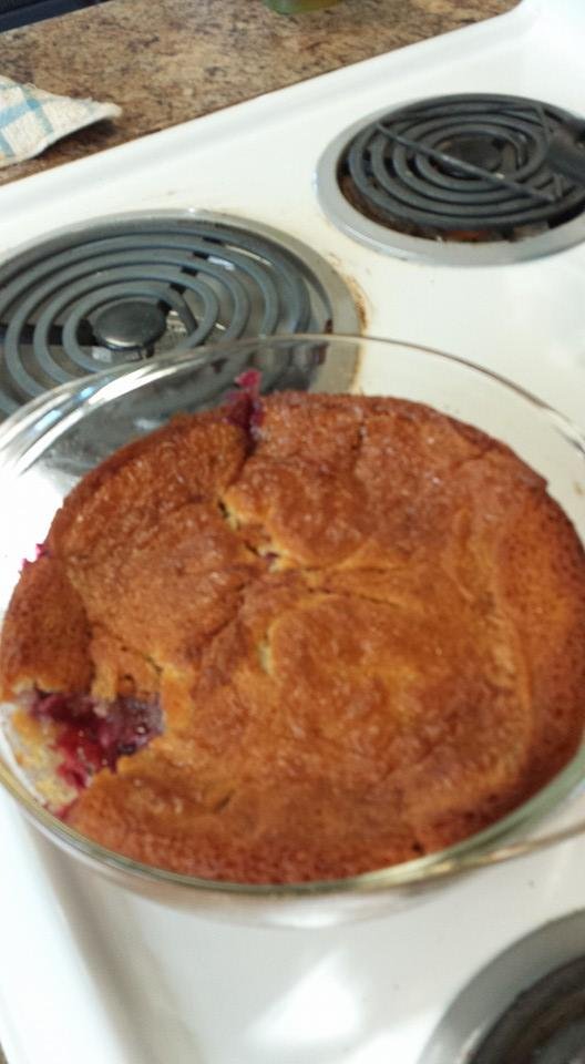 My blackberry cobbler made from the berries Wally and Georgianna got for me. Got 3 quarts in the freezer too! Had to have a taste while it was still hot.