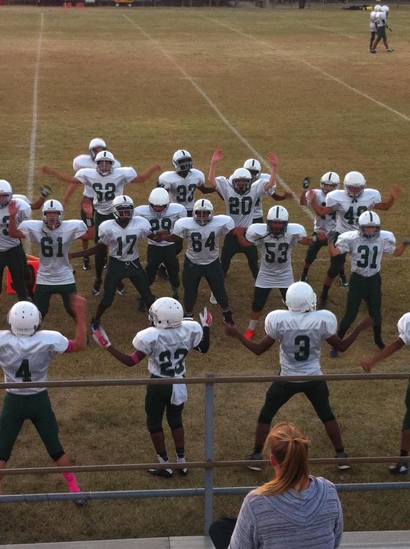 My grandson Cody's middle school team won 28-0 in a nail biter tonight. He made a key block that allowed one score. Below is the post-game celebration; he is number 20.