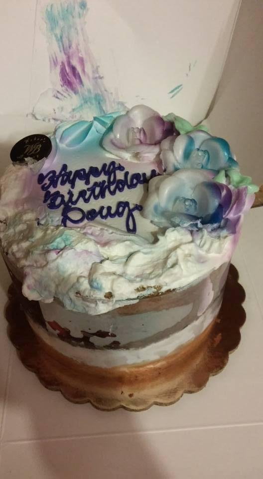 Fina and Andrea got me a cake from webers because there closed tomorrow . We couldn't wait until tomorrow so we're going to have half today and the other half tomorrow lol .