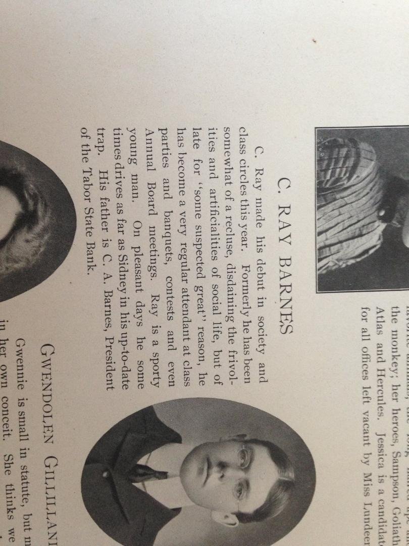 Tbthrusday. My great uncle. College year book from 1903. Ray died in a farming accident. Punctured his paracardium would be alive today. Family lost state bank in Great Depression and Tabor College Tabor Iowa. Went