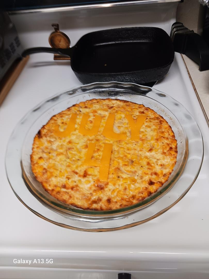 We had a Fouth of July party at my building so I made a Chedder Sweet Corn Pie. It was new recipe for me; but, it was all eaten & enjoyed by all. I got it from recipesfiber.com. The date is cut out of slices of the cheese.