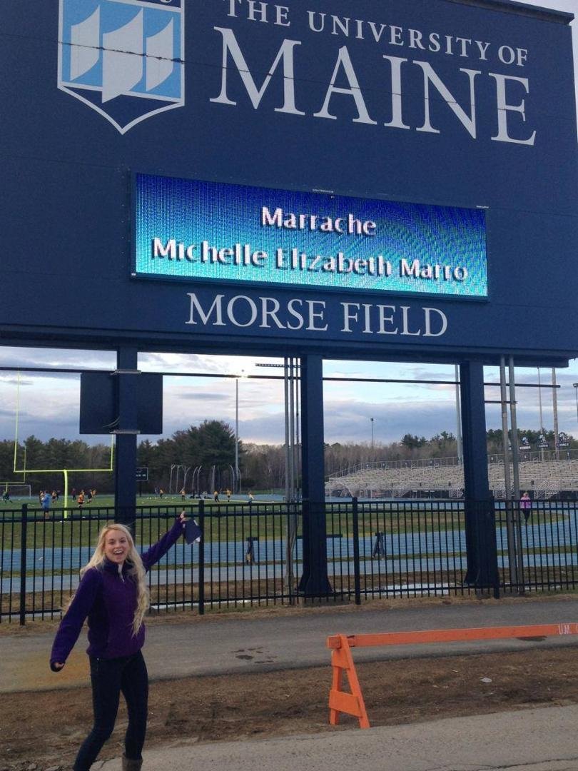 Hey there...Michelle got her name in lights! U Maine is scrolling the names of all the graduates on the football field sign this week.
Looking forward to seeing her graduate this Saturday. So very proud of her.....4 year