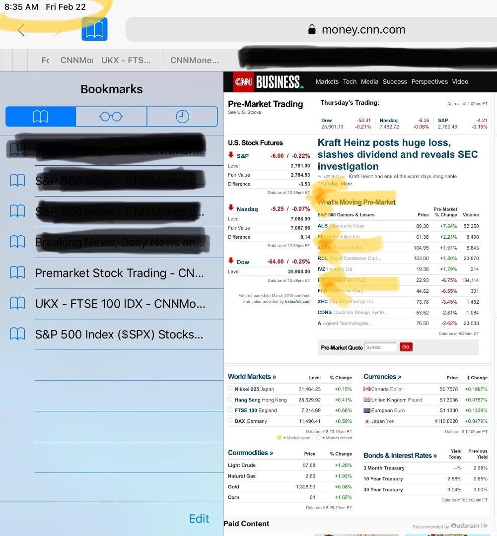 What’s wrong with CNN?  Their “pre-market” data is at least 19 hours behind and quite  useless.  This AM I looked at it after 8 AM, and noticed the “as of” was before 1 PM the previous day.  If you want current market or pr