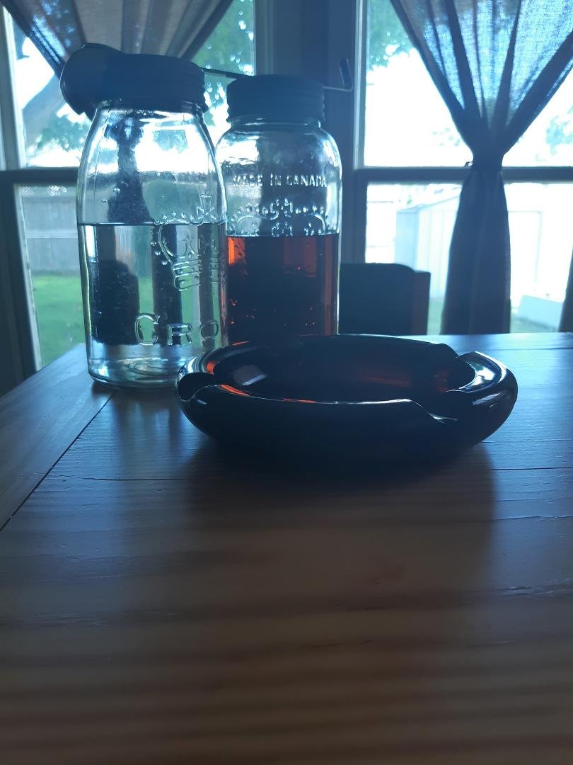 Sun room bar going old school. One jug of gin and another of bourbon with a 1 ounce ladle.