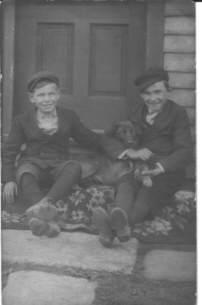 Haven't posted an old family photo in a while, so here's one of Uncle Harold Thoma and Uncle John Thoma and their dog when they were young. Think Harold is on the left and John is on the right.