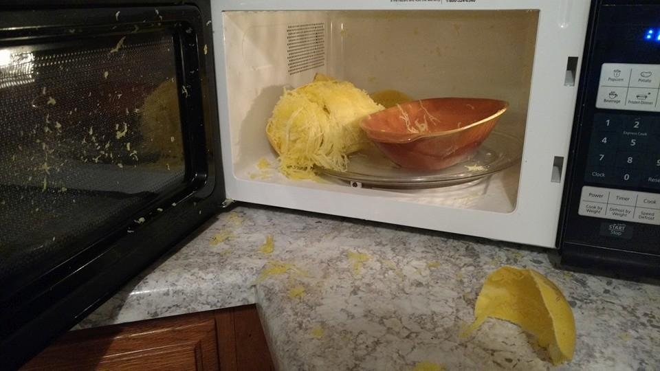 Cooked a spaghetti squash in microwave....I walked by and it exploded and knocked open the door. It blew the peeling off the squash!!!!! Guess I left it in the microwave too long....lol...