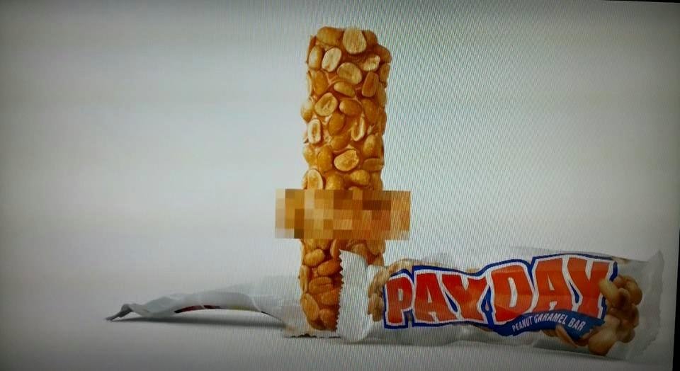 I just saw this Payday commercial.  It starts by warning us of product nudity.  I think their censor needs to be a little more diligent because, in spite of the blurry part,  I can still see it's nuts.