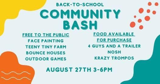 Everyone is invited to attend our Community Bash this Sunday, August 27th, from 3:00-6:00 PM, at First Baptist Church, 12716 Warwick Boulevard, NN 23606. We would love to have you join us!