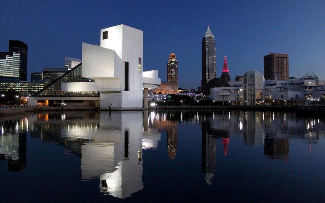 this is a nice picture of  the rock hall and downtown in backround