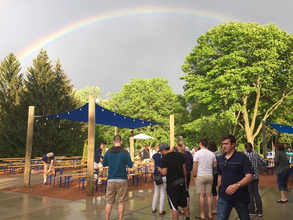 A view of the Hoyt Park beer garden after a sudden shower followed by a rainbow.