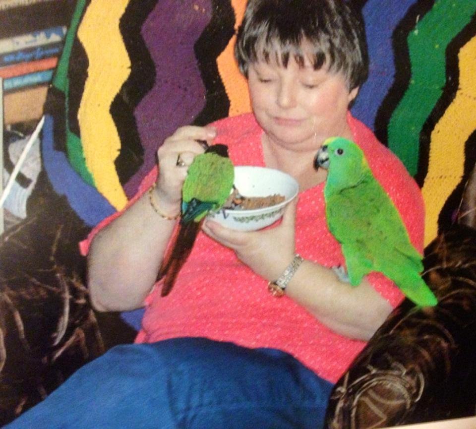 Wild Kingdom at the Wedding House with Debi, a rescue Yellow Nape Amazon, named Thumper, anda little Green-cheeked Conure, named Bailey.  Both want some Grape Nuts......15+ years ago!