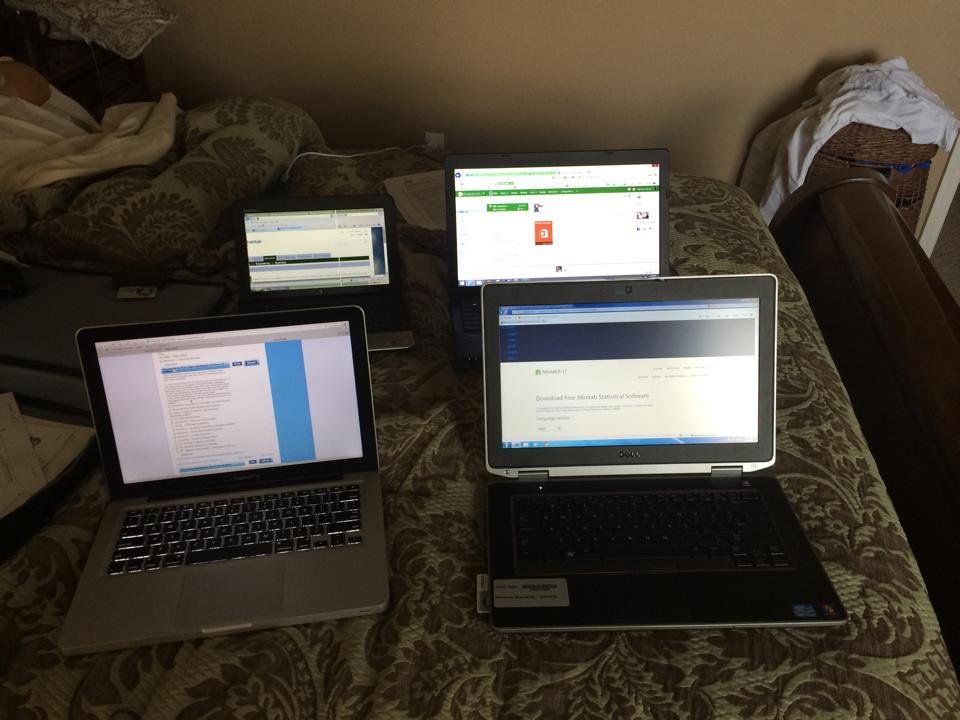 Multitasking at home, work, selling house, buying house, and downloading program for training...the laptops took over the bed!!!!