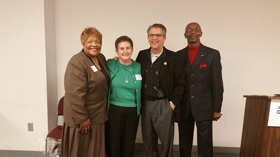 Lu Porter with the Mayor of Evansville Lloyd Winnecke, Susan Harp and Jerome Stewart at the check presentation for the City of Evansville Endowment Fund.