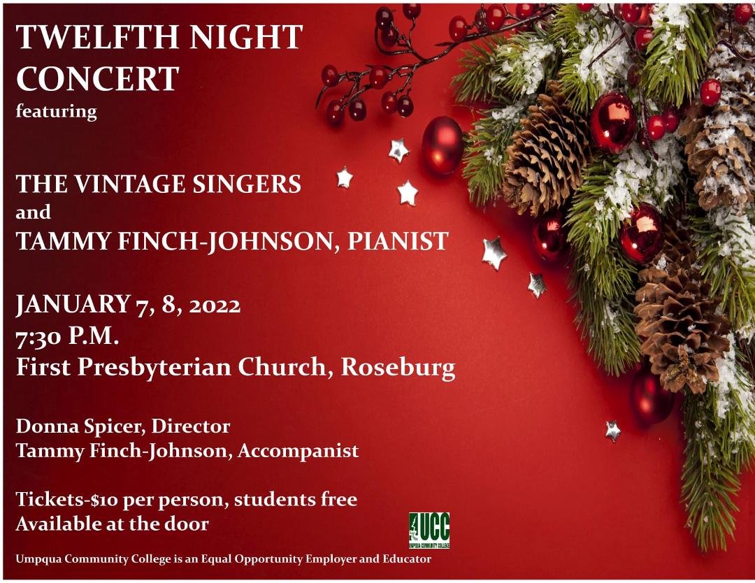 Wrap up the holiday season with our annual Twelfth Night Concert! Enjoy familiar as well as new Christmas music performed by the Vintage Singers and Tammy Finch-Johnson, pianist.