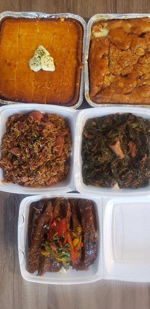 Smoked brisket, greens, red beans and rice, corn bread and peach cobbler! Sold out!