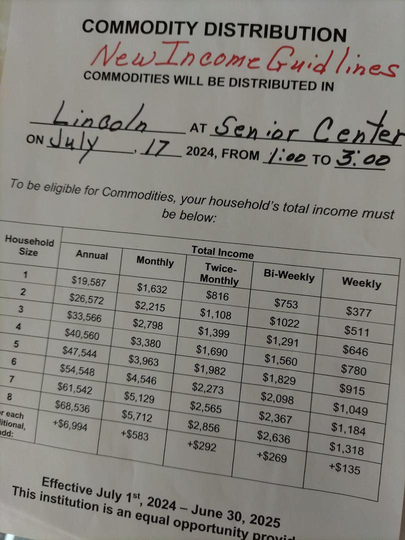 Commodities will be here on Wednesday July 17, at the Senior Center
There are new guidelines.