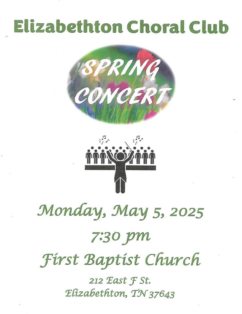 Just an early reminder that the 2025 ECC Spring Concert will be held on Monday, May 5th, at the First Baptist Church in Elizabethton, TN. It's FREE to the public. Hope to see you there!!