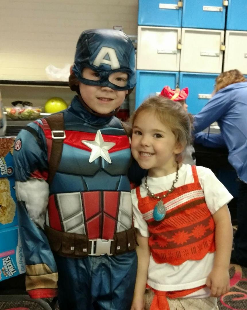 Maddie's preschool Halloween party on Sunday 10/22/17.
Mason, Captain America & Maddie, Moana.
Amanda Vrba Monico, Darren Monico,
