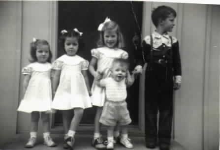 I would say this picture was taken in about 1953. Here is to all of my sibs. (L-R Sally Tabor, Peggy Costanzo, Nancy Baur, Scott Tabor and Dick Tabor.
