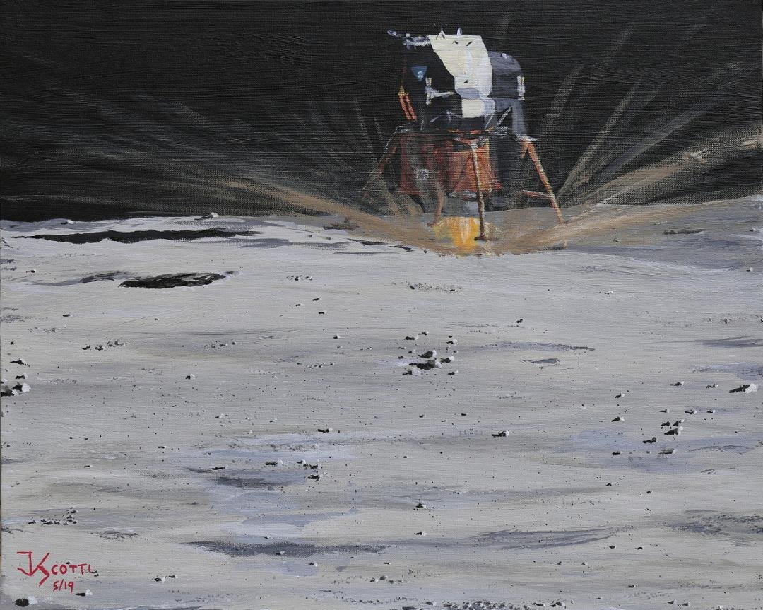 "Contact Light" is my 2nd Apollo 11 tribute painting depicting the moment that the probes on 3 of the 4 landing pads touched the surface of the Moon and just a moment before the crew of the Eagle shut the engine off and set