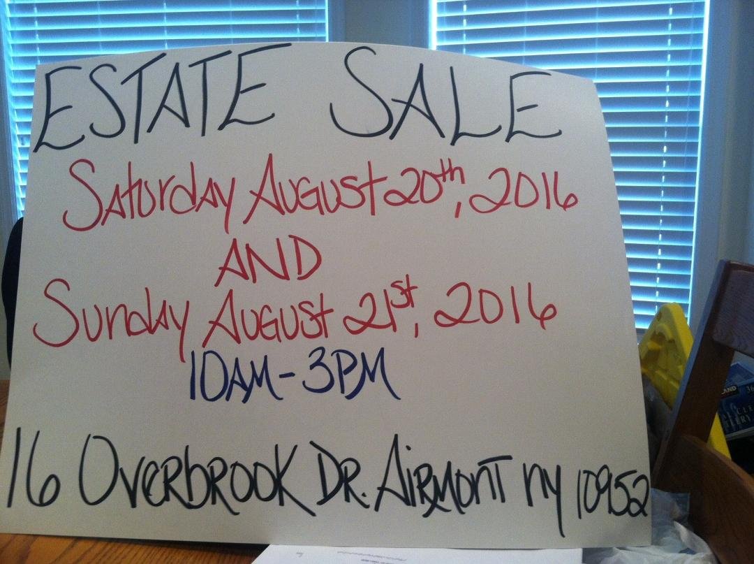 There's an Estate Sale this Saturday (8/20) and Sunday (8/21), 10am-3pm, at 16 Overbrook Dr.; Airmont, NY 10952. Please share. Thanks.