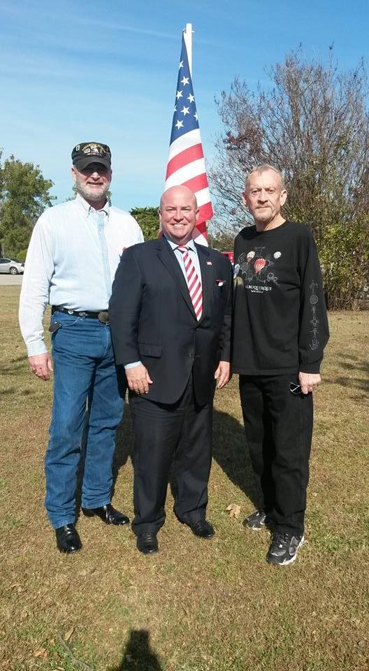 Army Sergeant First Class (Combat Veteran) Dennis Linam and Navy Diver/Vietnam vet Joe McIntosh stand with Joe Dorman. Guest speaker at Grady county Veterans memorial in Chickasha.