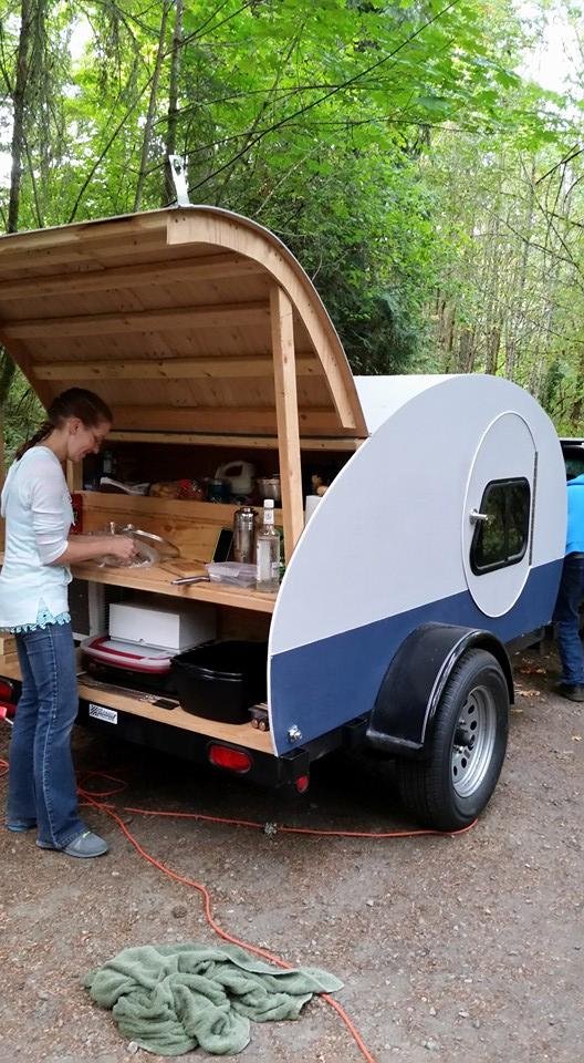 Shandon and her bar in the teardrop. Camping at Manchester State park with the kids.