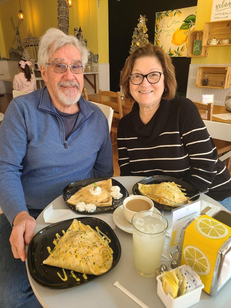 Eating Crepes at Le Citron in New Braunfels TX. Sophia Litsogianni Ginder had the Farmers Crepe and I had the Florentine Crepe, very very tasty. On our way to Big Bro's house in Bastrop TX.