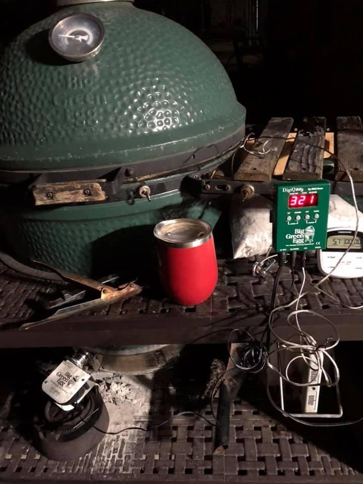 Fired up the Big Green Egg at 4:00 this morning. Put on a piece of pork (8 pounds). Going to make pulled pork sandwiches. Lowering temp. to 240 degrees.