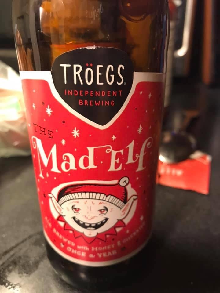 Mad Elf ale from Hershey, PA. Made with honey and Cherries plus, ya’ know, beer stuff. Really good. Made once a year. Merry Christmas.
